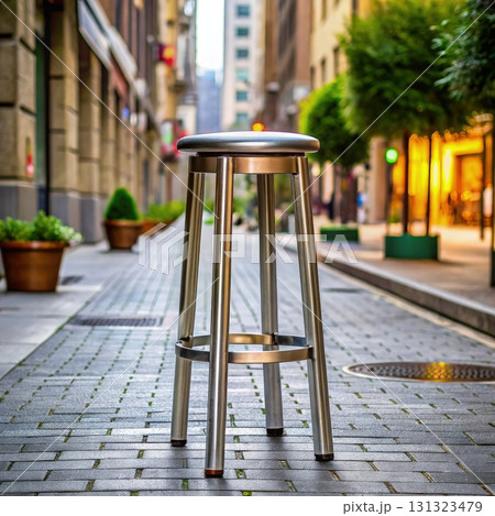 Metal Stool Placed on Sidewalk. Generative AI 131323479