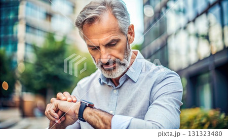 Middle-Aged Man Checking Watch. Generative AI 131323480