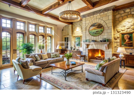 Elegant Living Room With Fireplace and Furniture. Generative AI 131323490