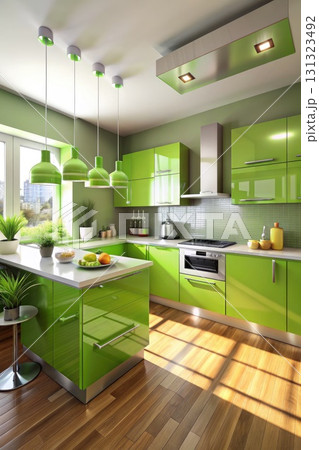 Modern Green Kitchen With Wooden Floors. Generative AI 131323492