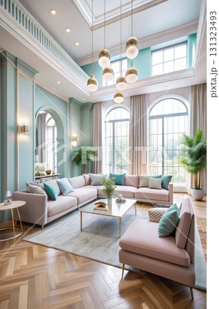 Modern Living Room With Abundant Furniture and Windows. Generative AI 131323493