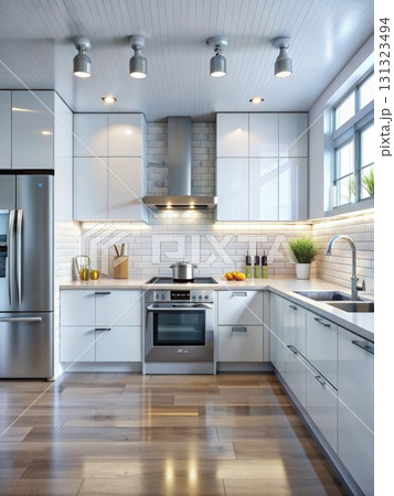 Modern Kitchen With White Cabinets and Stainless Steel Appliances. Generative AI 131323494
