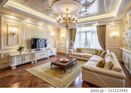 Modern Living Room With Furniture and Flat Screen TV. Generative AI 131323495