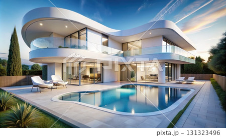 Luxurious White Villa With Front Pool. Generative AI 131323496