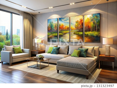 Modern Living Room With Furniture and Painting. Generative AI 131323497