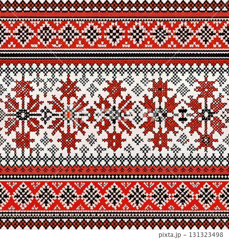 Red and White Knitted Pattern With Snowflakes. Generative AI 131323498
