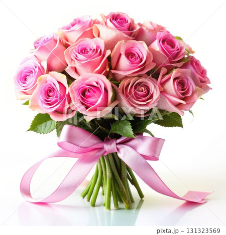 Bouquet of Pink Roses With Pink Ribbon. Generative AI 131323569