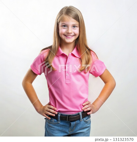 Young Girl in Pink Shirt and Jeans. Generative AI 131323570