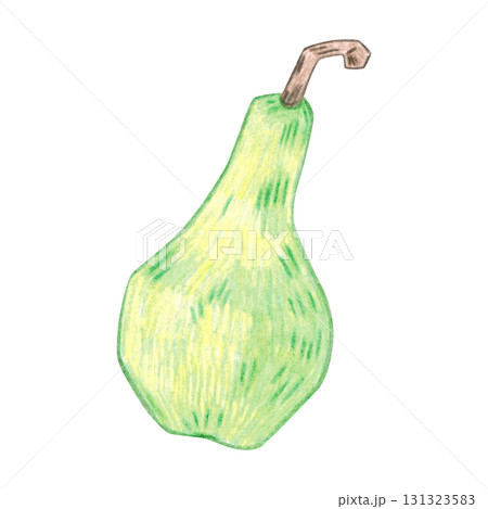 Green pear. Hand-drawn with colored pencils, suitable for stickers, posters, or cards. Harvest, autumn, fruit, food, ripe 131323583