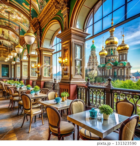 Restaurant Overlooking City View. Generative AI Restaurant Overlooking City View. Generative AI 131323590