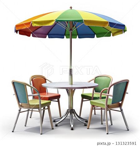 Table With Four Chairs and Umbrella. Generative AI 131323591