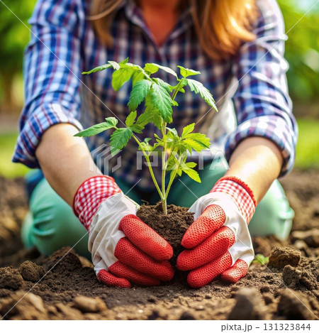 Woman Holding Plant in Garden. Generative AI Woman Holding Plant in Garden. Generative AI 131323844