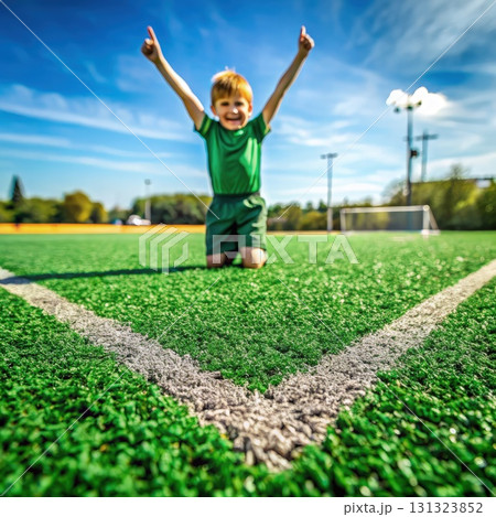 Little Boy Sitting on Soccer Field With Arms Raised. Generative AI 131323852
