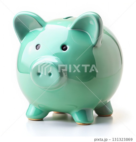 Green Piggy Bank on White Table. Generative AI 131323869