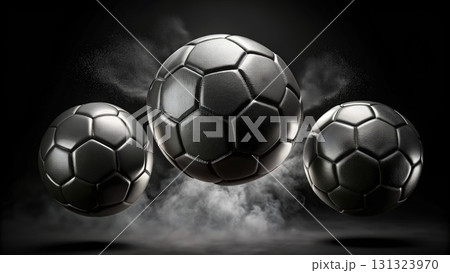 Three Soccer Balls Flying Through the Air. Generative AI Three Soccer Balls Flying Through the Air. Generative AI 131323970