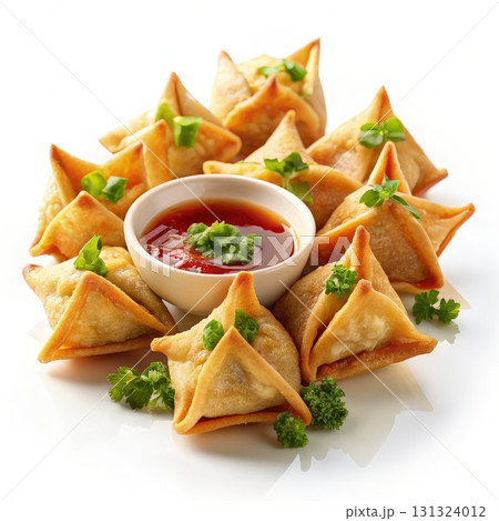 Plate of Wontons With Dipping Sauce. Generative AI 131324012