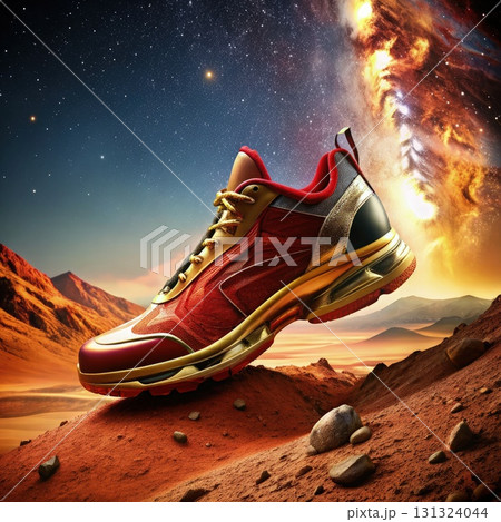 Red and Yellow Sneakers on Rocky Surface. Generative AI 131324044