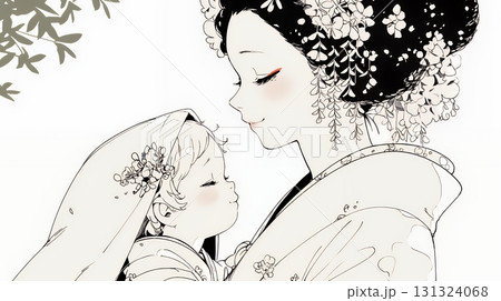 赤ん坊と母親（シンプルな色使い）