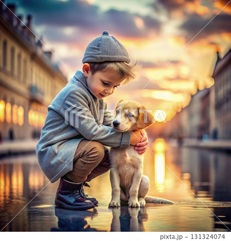 Little Boy Kneeling With Dog. Generative AI Little Boy Kneeling With Dog. Generative AI 131324074