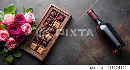 Bottle of Wine and Box of Chocolates. Generative AI 131324152