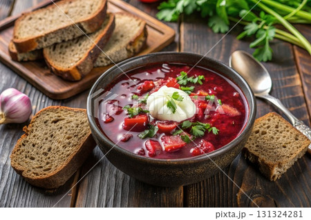 Bowl of Soup With Bread and Sour Cream. Generative AI Bowl of Soup With Bread and Sour Cream. Generative AI 131324281