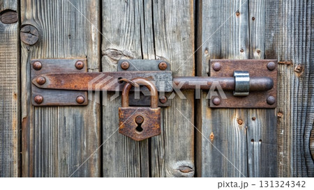 Close Up of a Lock on a Wooden Door. Generative AI 131324342