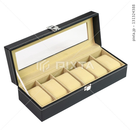 Black leather watch storage box with glass lid, white stitching, and beige interior isolated on white background Black leather watch storage box with glass lid, white stitching, and beige interior isolated on white background 131324388