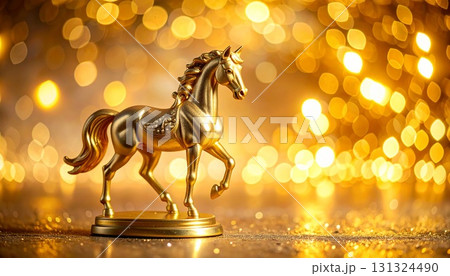 スポットライトに輝くゴールドの馬の置物、抽象的な金色背景 131324490