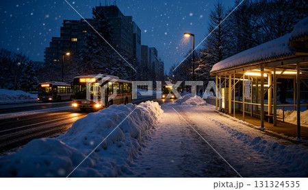 雪国の暮らしと冬の街並み　雪景色の都市と住宅街の風景 131324535