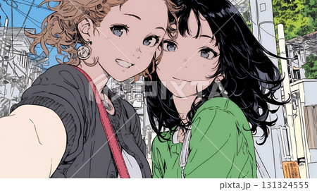 スマホで自撮りしている若い女友達