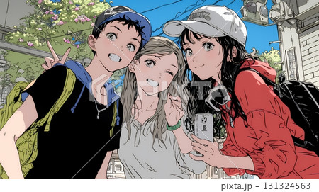 スマホで自撮りしている若い女友達