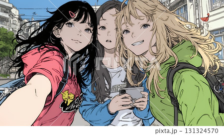 スマホで自撮りしている若い女友達