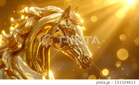 磨かれた金色馬フィギュア、光の光線に照らされ幻想的に輝く 磨かれた金色馬フィギュア、光の光線に照らされ幻想的に輝く 131324613