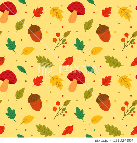 Seamless autumn pattern with colorful leaves, mushrooms, acorns and berries on yellow background for seasonal design Seamless autumn pattern with colorful leaves, mushrooms, acorns and berries on yellow background for seasonal design 131324804
