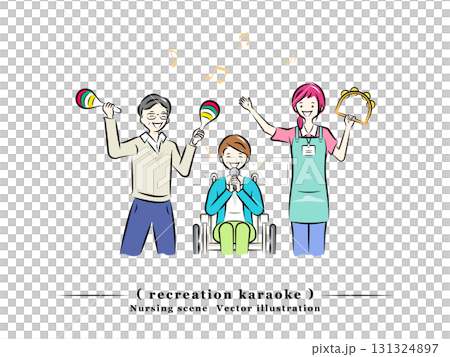 施設のレクリエーションでカラオケで歌う高齢者を介護士スタッフ｜介護看護シリーズ 131324897