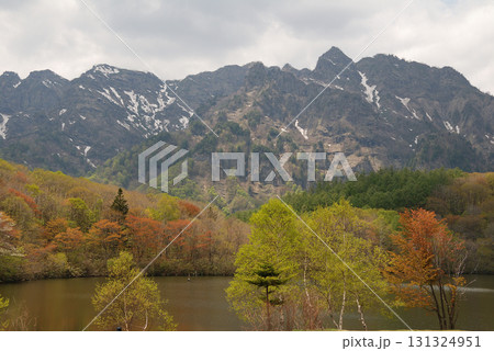 Togakushi in early spring 芽吹き始めた鏡池の木々と雪解けの進む戸隠の山並み 131324951