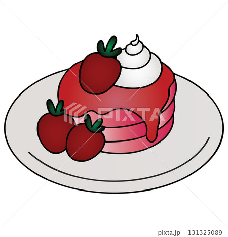 Pink Pancakes Stack with Strawberry Topping and Whipped Cream Illustration. Sweet Dessert or Breakfast Food. Transparent Background Graphic for Menu 131325089