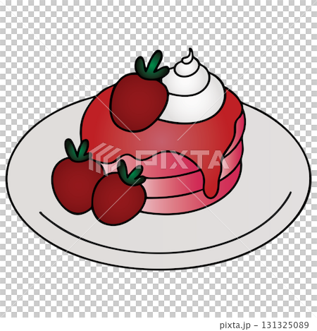 Pink Pancakes Stack with Strawberry Topping and Whipped Cream Illustration. Sweet Dessert or Breakfast Food. Transparent Background Graphic for Menu 131325089