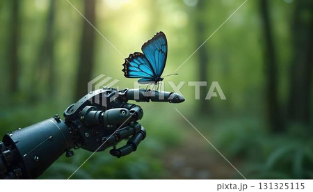 A robotic hand gently holds a vibrant yellow butterfly against a green, tech-inspired background symbolizing sustainability 131325115