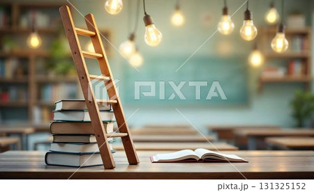 A light bulb on books illustrates the concept of learning, highlighting themes of education and back-to-school preparation 131325152