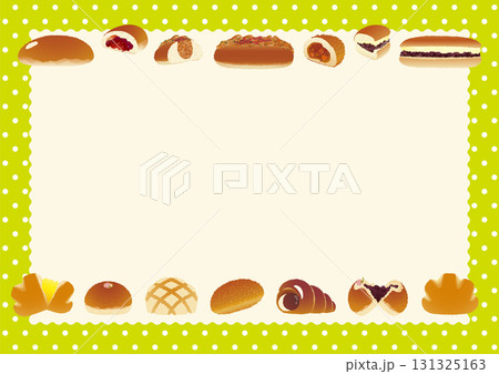 パンのフレーム_懐かしいパン勢揃い_水玉テーブルクロスとランチマット_横位置黄緑色 パンのフレーム_懐かしいパン勢揃い_水玉テーブルクロスとランチマット_横位置黄緑色 131325163