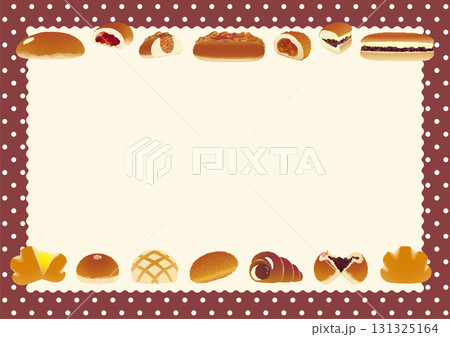 パンのフレーム_懐かしいパン勢揃い_水玉テーブルクロスとランチマット_横位置こげ茶 パンのフレーム_懐かしいパン勢揃い_水玉テーブルクロスとランチマット_横位置こげ茶 131325164