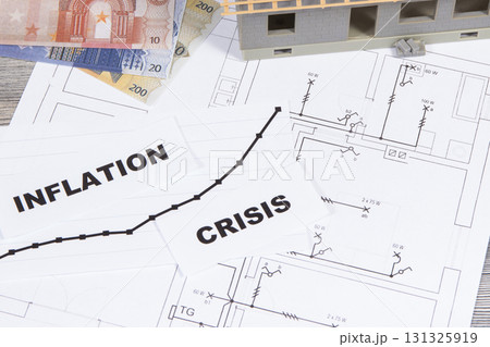 Inscriptions crisis and inflation, currencies Euro, small house under construction Inscriptions crisis and inflation, currencies Euro, small house under construction 131325919
