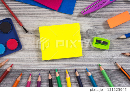 Colorful school supplies and accessories using for learning at school or preschool 131325945