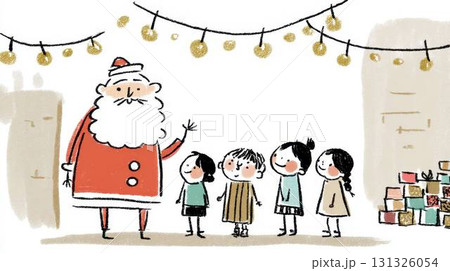 プレゼントを前に子供たちに手を振るサンタクロース 131326054