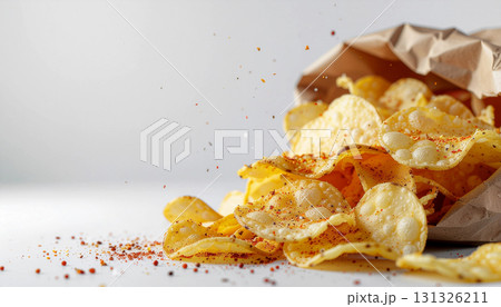 白い背景に紙袋からこぼれるスパイスが振りかけられたポテトチップスの食べ物写真 generative  131326211