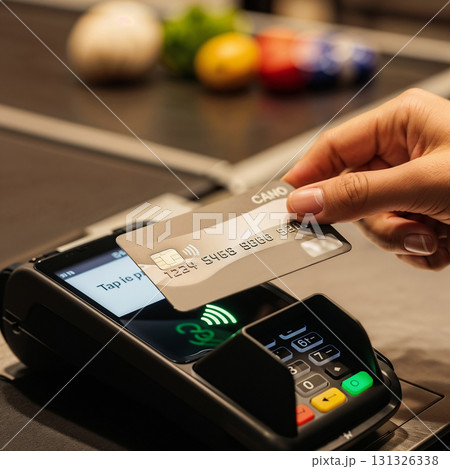Close-up shot of a hand holding a credit card 131326338