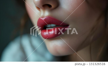 A woman's lips painted in bold red lipstick, capturing the beauty and texture of the makeup in a close-up shot A woman's lips painted in bold red lipstick, capturing the beauty and texture of the makeup in a close-up shot 131326516