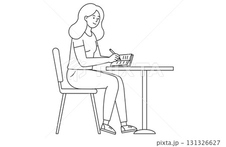 ノートにペンで書き込みテーブルで勉強する女性の線画スタイルアイコン 131326627
