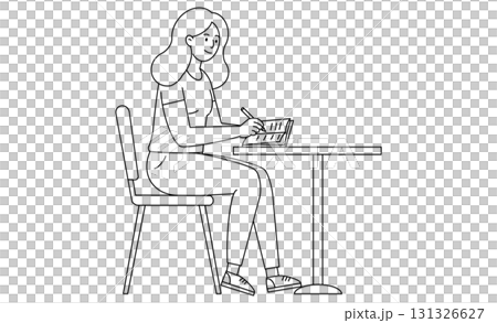 ノートにペンで書き込みテーブルで勉強する女性の線画スタイルアイコン 131326627